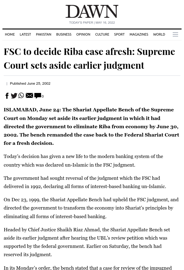 Dawn - FSC to decide Riba case afresh: Supreme Court sets aside earlier judgment